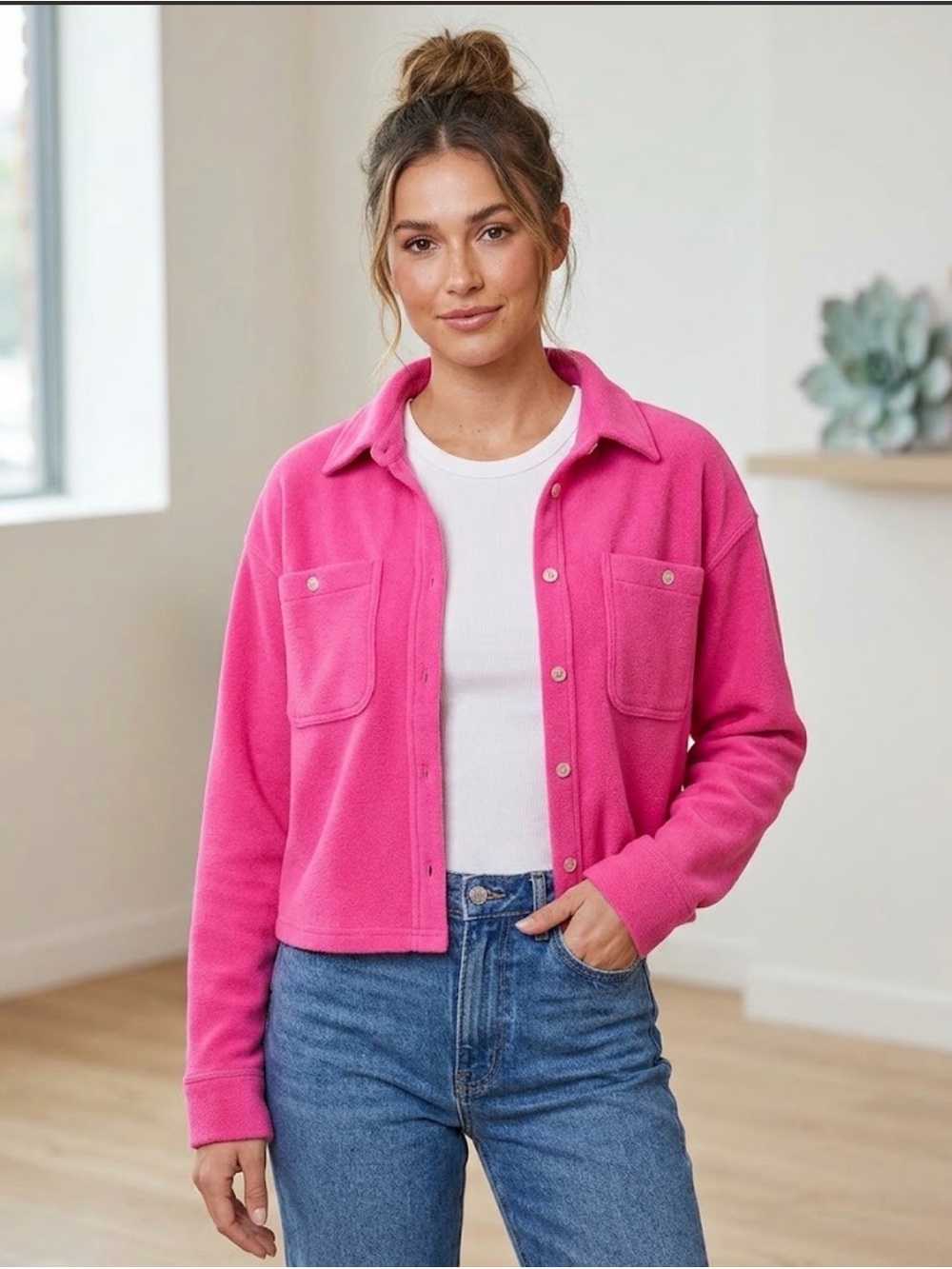 Thread & Supply Cropped Polar Fleece Shacket in a vibrant hot pink hue